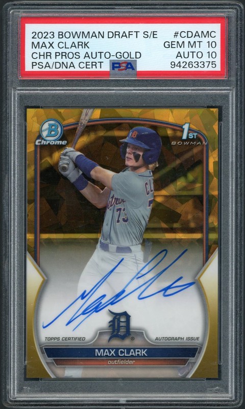 2023 Bowman Draft Chrome Prospect Autographs Max Clark #CDA-MC Gold Sapphire Refractor Autograph /50 Auto 10 PSA 10