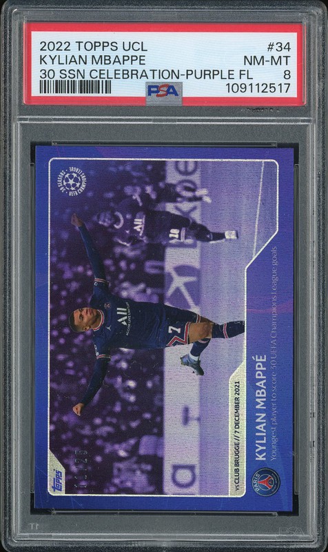 2022 Topps UCL 30 Seasons Celebration Kylian Mbappe #34 Purple Foil /25 PSA 8
