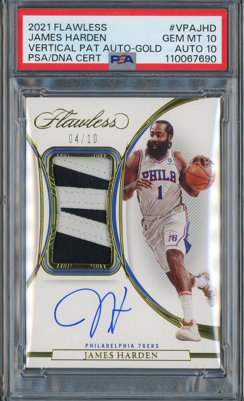 2021-22 Panini Flawless Vertical Patch Autographs James Harden #VPA-JHD Gold Patch Auto /10 Auto 10 PSA 10