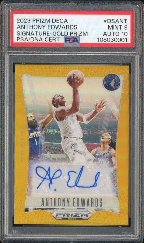 2023 Panini Prizm Deca Signatures Anthony Edwards #DS-ANT Gold Prizm PSA 9