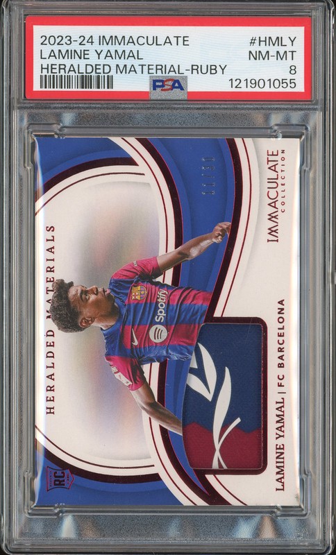 2023-24 Immaculate Collection Heralded Materials Lamine Yamal #HM-LY Ruby /30 PSA 8