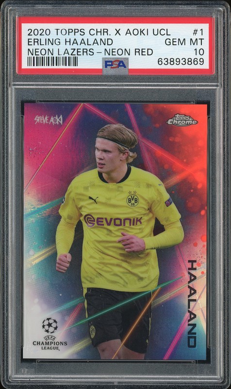 2020 Topps Chrome UEFA Champions League Neon Lazer Erling Haaland #1 Neon Red /5 PSA 10