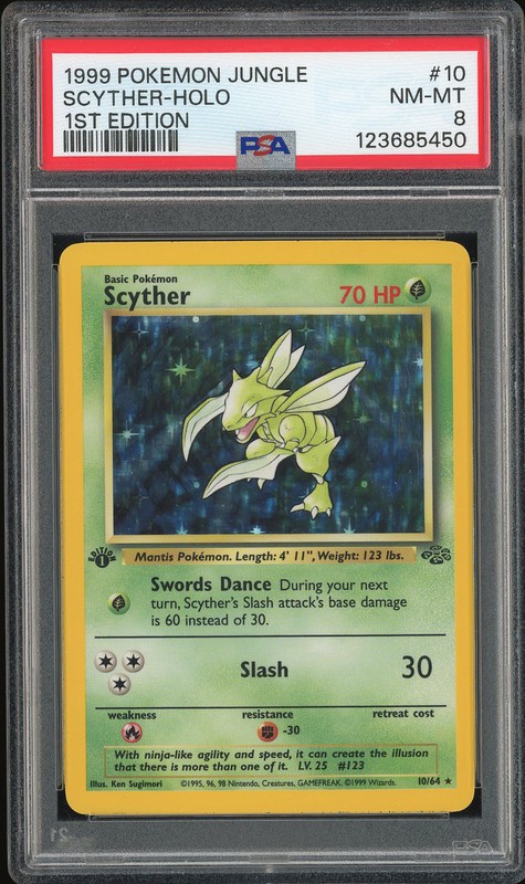 1999 Pokemon Jungle 1st Edition Scyther #10 Holo PSA 8