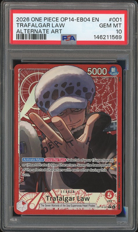 One Piece Trafalgar Law #OP14-001 The Azure Sea's Seven Alternate Art PSA 10