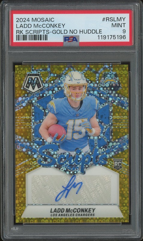 2024 Panini Mosaic Rookie Scripts Gold No Huddle Ladd McConkey #RSLMY Autograph /10 PSA 9