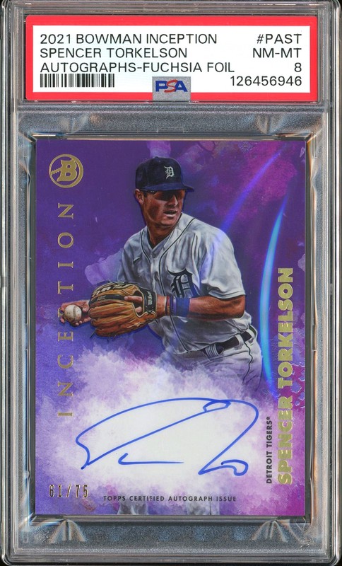 2021 Bowman Inception Autographs Spencer Torkelson #PA-ST Fuchsia Foil /75 PSA 8