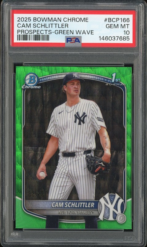 2025 Bowman Chrome Prospects Cam Schlittler #BCP166 Green Wave /99 PSA 10