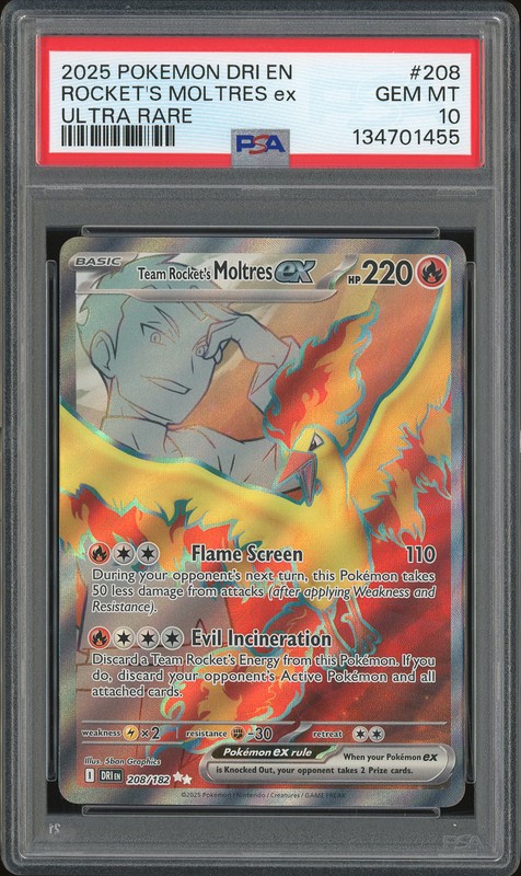 2025 Pokemon DRI EN Team Rocket's Moltres ex #208 Ultra Rare PSA 10