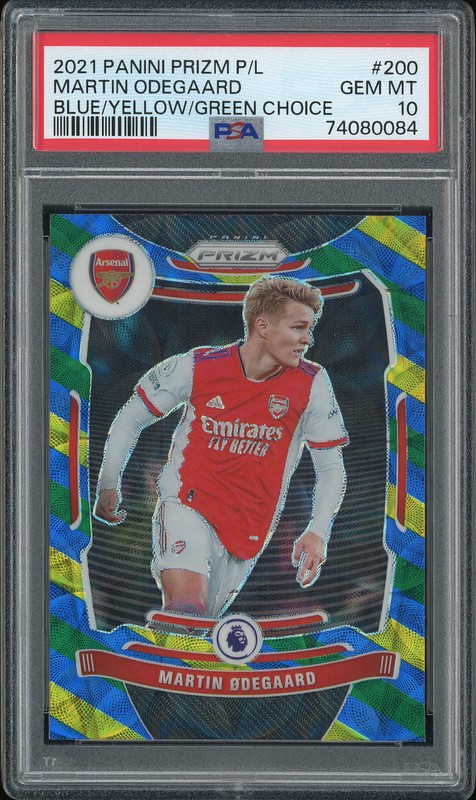 2021 Panini Prizm Premier League Martin Odegaard #200 Blue Yellow Green Choice PSA 10