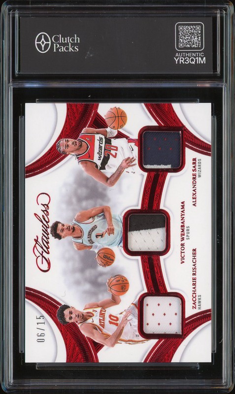 2024-25 Panini Flawless Triple Patches Zacharie Risacher / Victor Wembanyama / Alexandre Sarr #TP-ERN Ruby /15