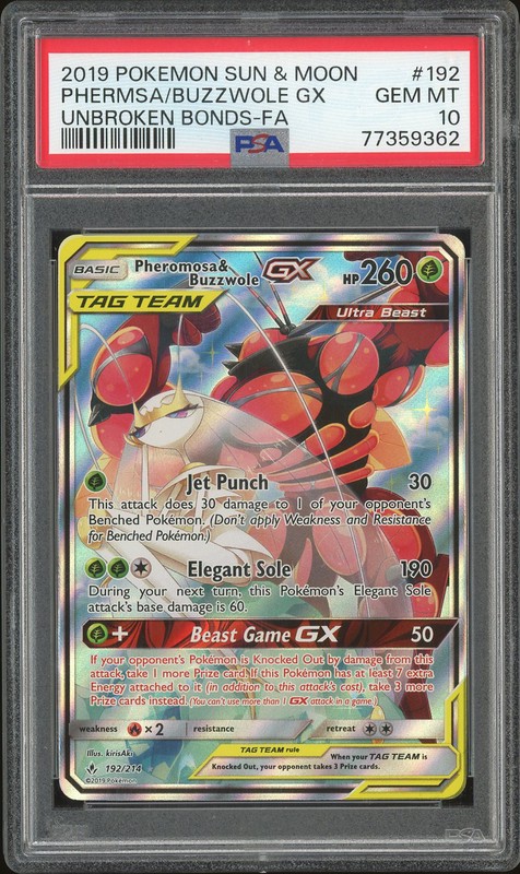 2019 Pokemon Sun & Moon Unbroken Bonds Full Art Pheromosa & Buzzwole-GX #192 PSA 10