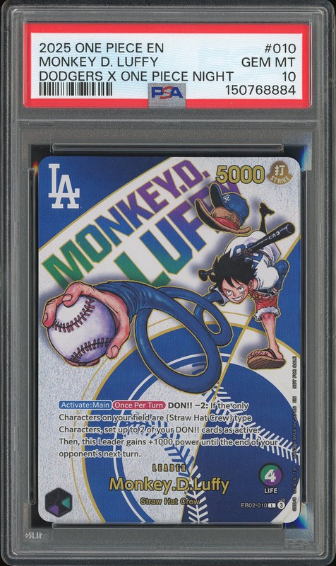 One Piece Monkey D. Luffy #EB02-010 Dodgers x One Piece Night PSA 10