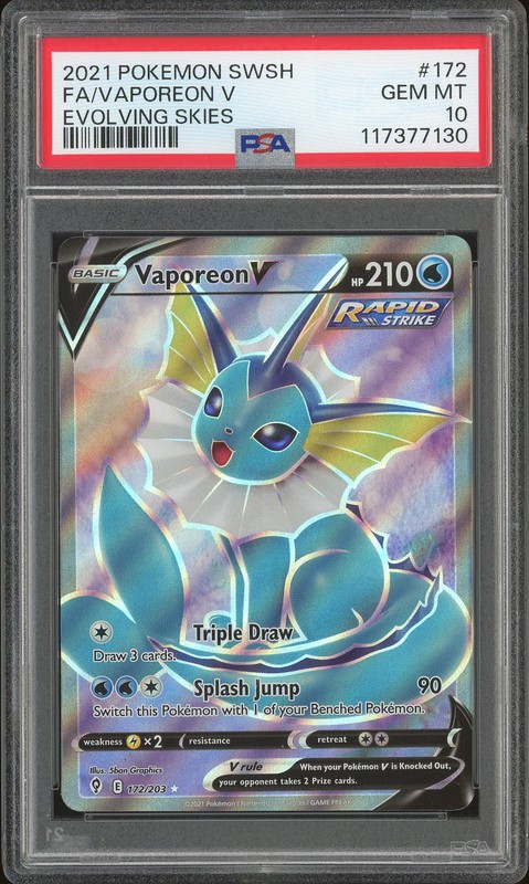 2021 Pokemon Sword & Shield Evolving Skies Full Art Vaporeon V #172 PSA 10