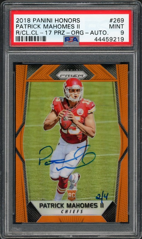 2018 Panini Honors Recollection Collection Patrick Mahomes II #269 Orange Auto /4 PSA 9
