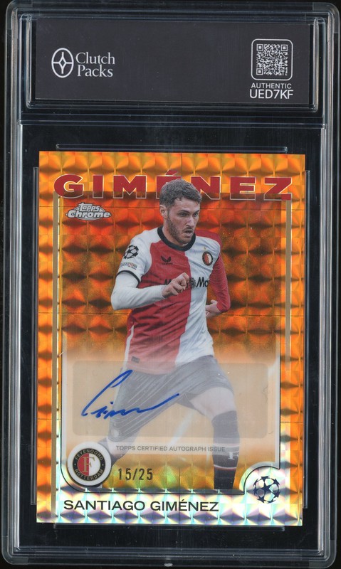 2024-25 Topps Chrome UEFA Club Competitions Base Autograph Card Santiago Giménez #CA-GZ Orange Geometric Refractor Autograph /25