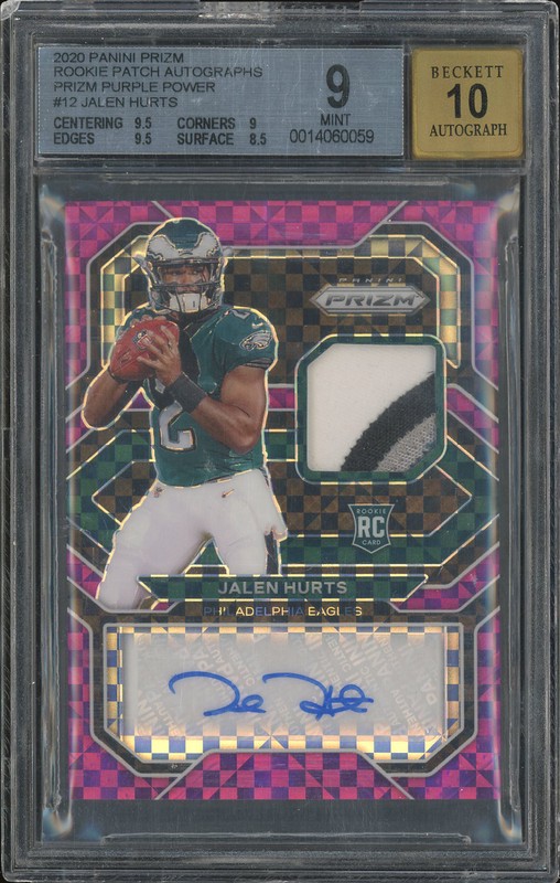 2020 Panini Prizm Rookie Patch Autographs Jalen Hurts #12 Prizm Purple Power /49 BGS 9