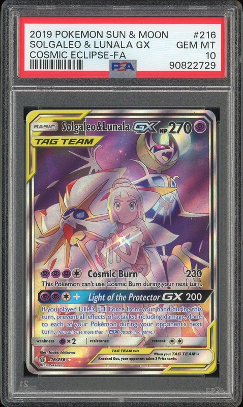 2019 Pokémon Sun & Moon: Cosmic Eclipse Tag Team GX Solgaleo & Lunala GX #216 Full Art PSA 10