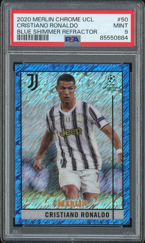 2020 Topps Merlin Chrome UCL Cristiano Ronaldo #50 Blue Shimmer Refractor /75 PSA 9