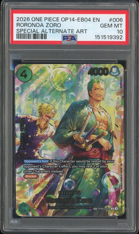 One Piece Roronoa Zoro #006 OP14-EB04 The Azure Sea's Seven Special Alternate Art PSA 10