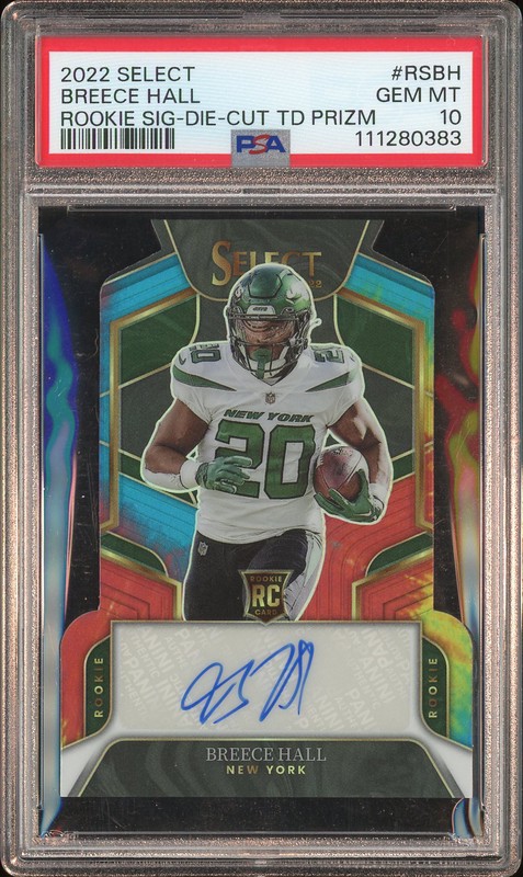 2022 Panini Select Rookie Signatures Die-Cut Breece Hall #RS-BH Tie-Dye Prizm Auto /25 PSA 10