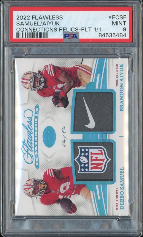 2022 Panini Flawless Connections Relics Platinum Deebo Samuel Brandon Aiyuk #FCSF 1/1 PSA 9