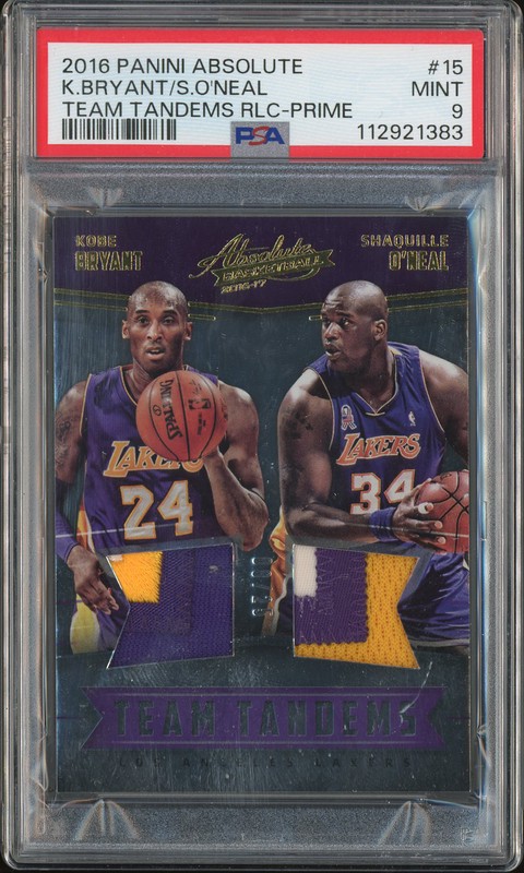 2016-17 Panini Absolute Team Tandems Kobe Bryant / Shaquille O'Neal #15 Prime /25 PSA 9