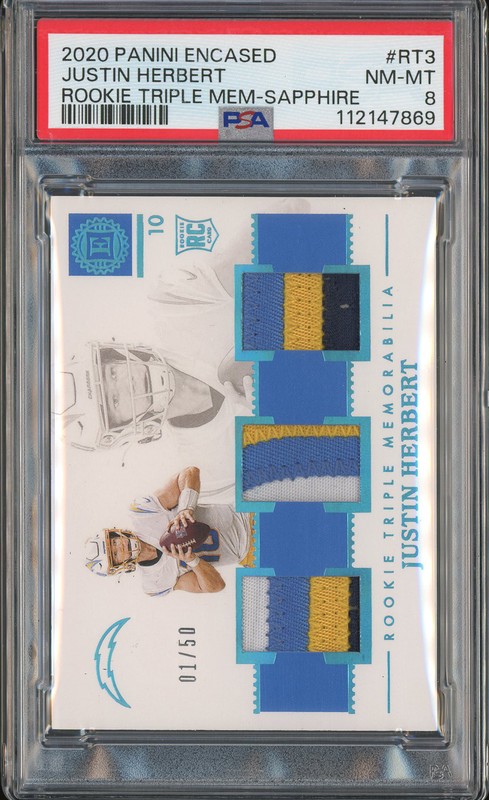 2020 Panini Encased Rookie Triple Mem-Sapphire Justin Herbert #RT3 Sapphire /50 PSA 8