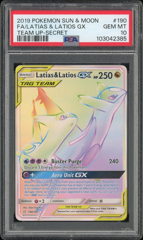 2019 Pokemon Sun & Moon Team Up Secret Rare Latias & Latios GX #190 Rainbow Rare PSA 10