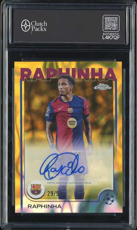 2024-25 Topps Chrome UEFA Club Competitions Base Autograph Card Raphinha #CA-RP Gold Lava Refractor Autograph /50