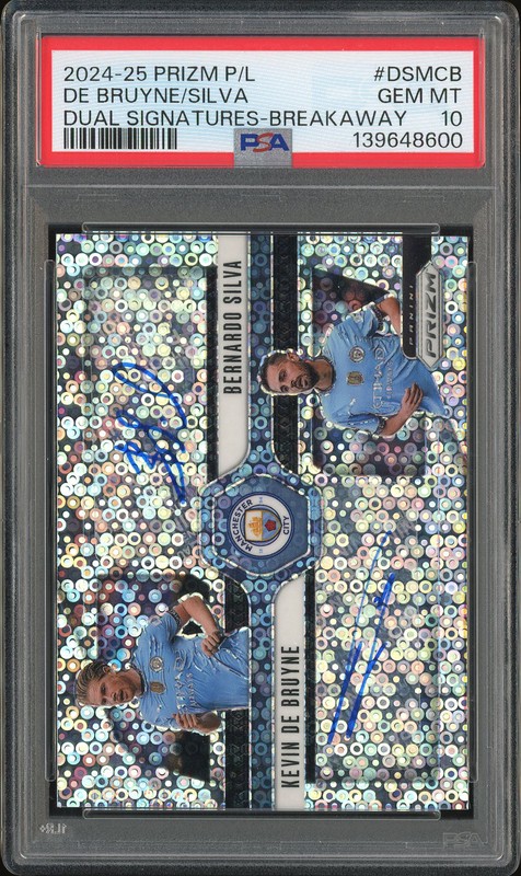 2024-25 Panini Prizm Premier League Dual Signatures Kevin De Bruyne / Bernardo Silva #DS-MCB Breakaway PSA 10