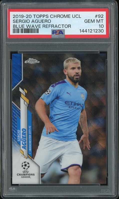 2019-20 Topps Chrome UCL Sergio Aguero #92 Blue Wave Refractor /75 PSA 10