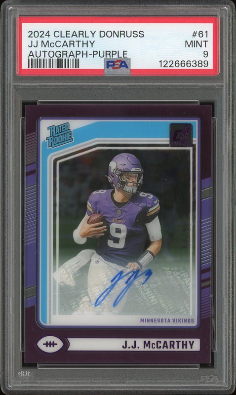 2024 Clearly Donruss Rated Rookie Autographs J.J. McCarthy #61 Purple PSA 9