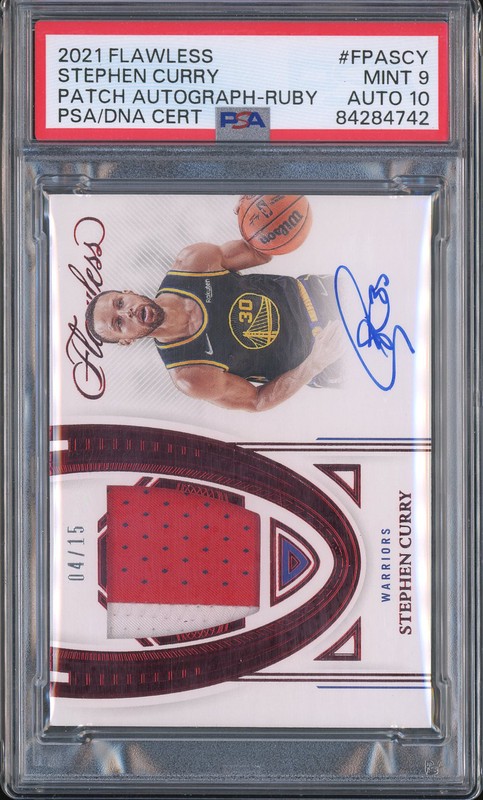 2021-22 Panini Flawless Patch Autograph Stephen Curry #FPASCY Ruby /15 PSA 9