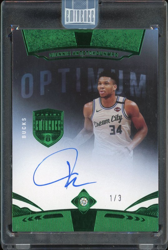 2019-20 Panini Eminence Optimum Diamond Autographs Giannis Antetokounmpo #OP-GAN Emerald Autograph /3