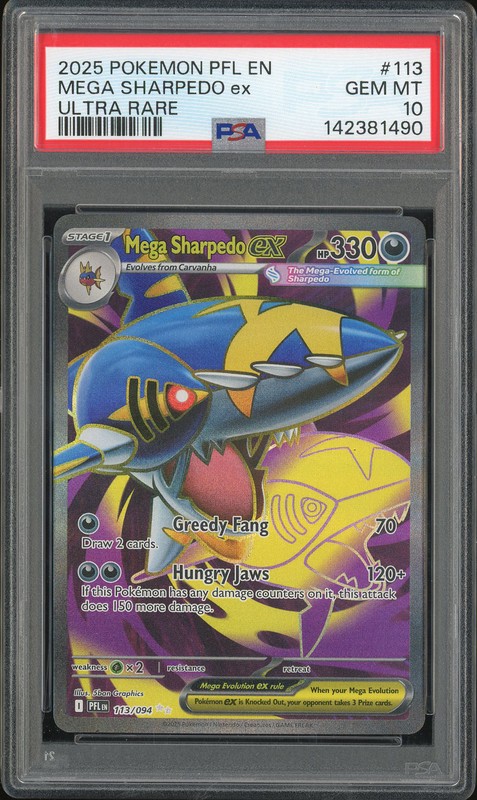 2025 Pokemon PFL EN Mega Sharpedo ex #113 Ultra Rare PSA 10