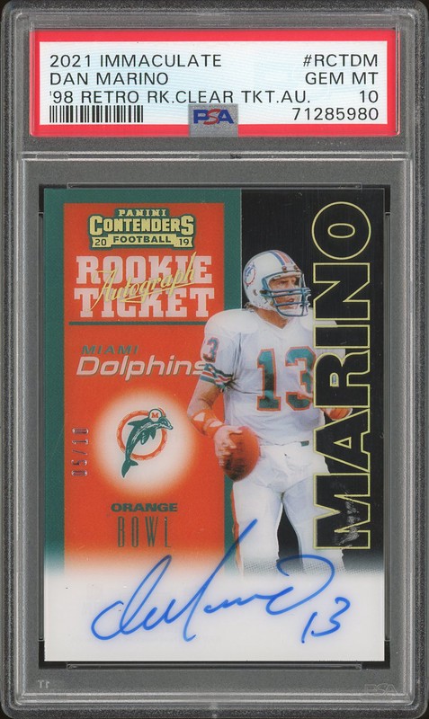 2021 Immaculate '98 Retro Rookie Clear Ticket Autographs Dan Marino #RCT-DM /10 PSA 10