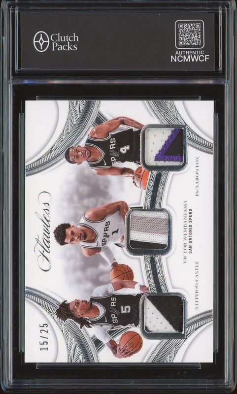 2024-25 Panini Flawless Triple Patches Victor Wembanyama / Stephon Castle / De'Aaron Fox #TP-SAS /25