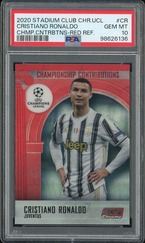 2020 Topps Stadium Club Chrome UEFA Champions League Championship Contributions Cristiano Ronaldo #CR Red Refractor /10 PSA 10