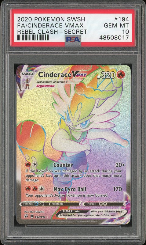 2020 Pokemon Sword & Shield Rebel Clash Full Art Secret Cinderace VMAX #194/192 Rainbow Rare PSA 10