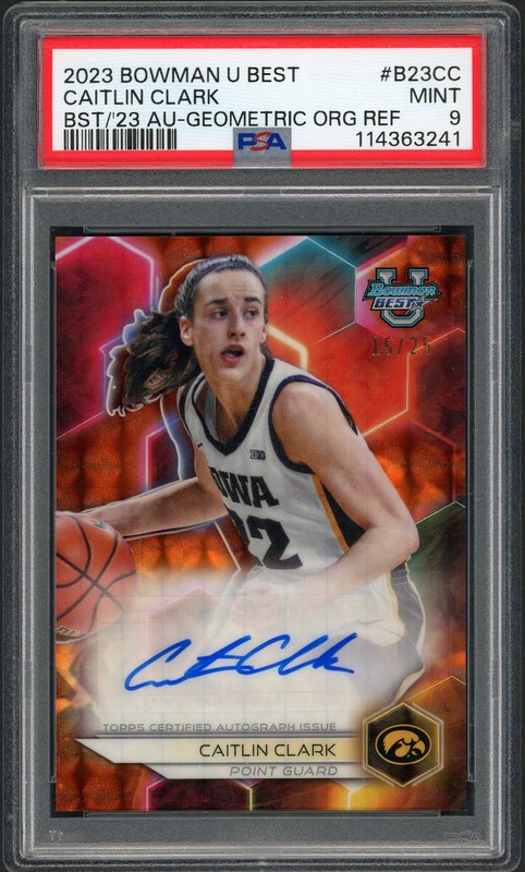 2024 Bowman U Best Best of 2023 Autographs Caitlin Clark #B23-CC Geometric Orange Refractor /25 PSA 9