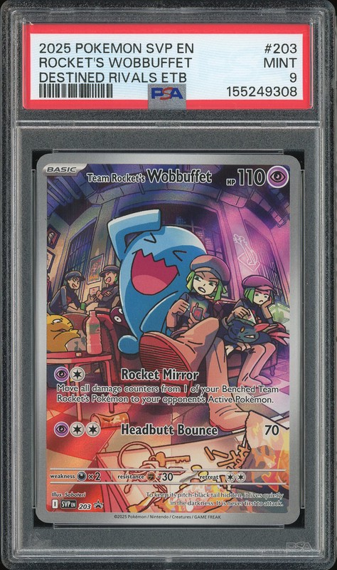 2025 Pokemon SVP EN Destined Rivals ETB Team Rocket's Wobbuffet #203 PSA 9