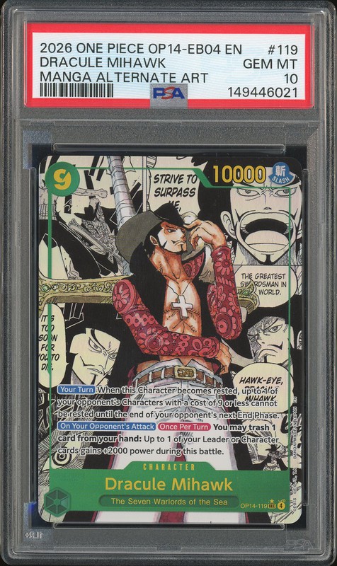 One Piece Dracule Mihawk #OP14-119 The Azure Sea's Seven Manga Alternate Art PSA 10