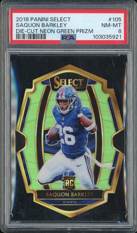 2018 Panini Select Premier Level Saquon Barkley #105 Die-Cut Neon Green Prizm /49 PSA 8