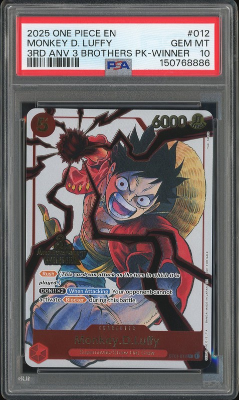 One Piece Monkey D. Luffy #ST01-012 3rd Anniversary 3 Brothers Pack Winner SR PSA 10