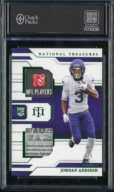 2023 Panini National Treasures Rookie Dual Materials Jordan Addison #RDM-JAN Emerald /5