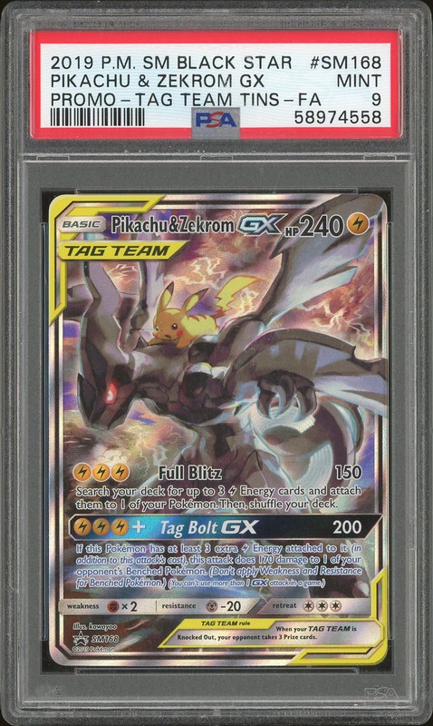 2019 Sun & Moon Black Star Promos Tag Team Tins Pikachu & Zekrom GX #SM168 Full Art PSA 9