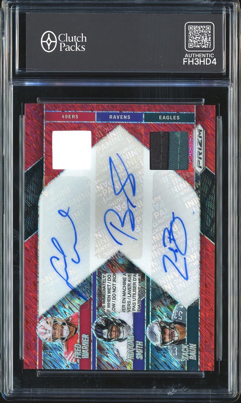 2025 Panini Prizm Triple Autographs Fred Warner Roquan Smith Zack Baun #TPA-LB Red Prizm /35