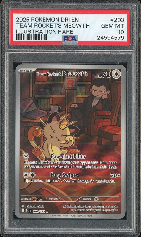 2025 Pokemon Team Rocket's Meowth #203 Illustration Rare PSA 10