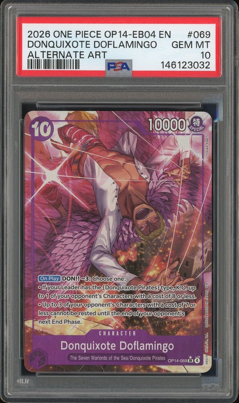 One Piece Donquixote Doflamingo #OP14-069 The Azure Sea's Seven Alternate Art PSA 10