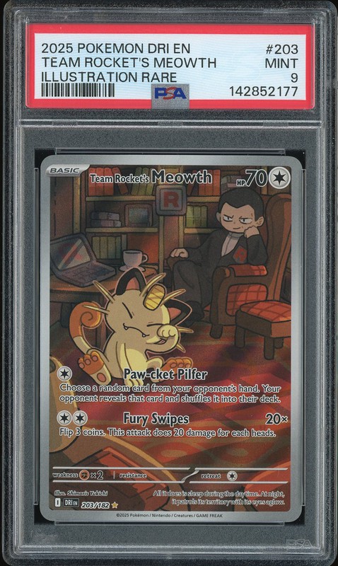 2025 Pokemon DRI EN Team Rocket's Meowth #203 Illustration Rare PSA 9